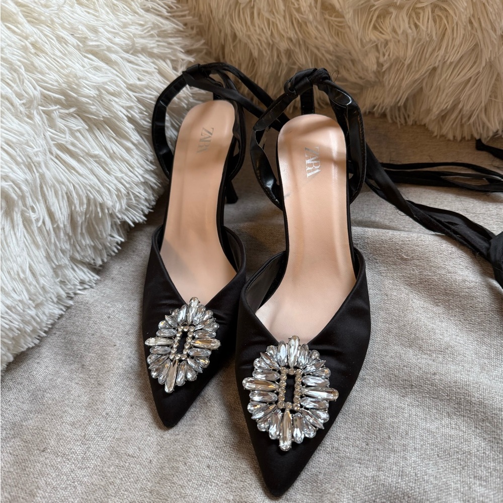 Zara Black Satin Heels with Crystal Embellishments